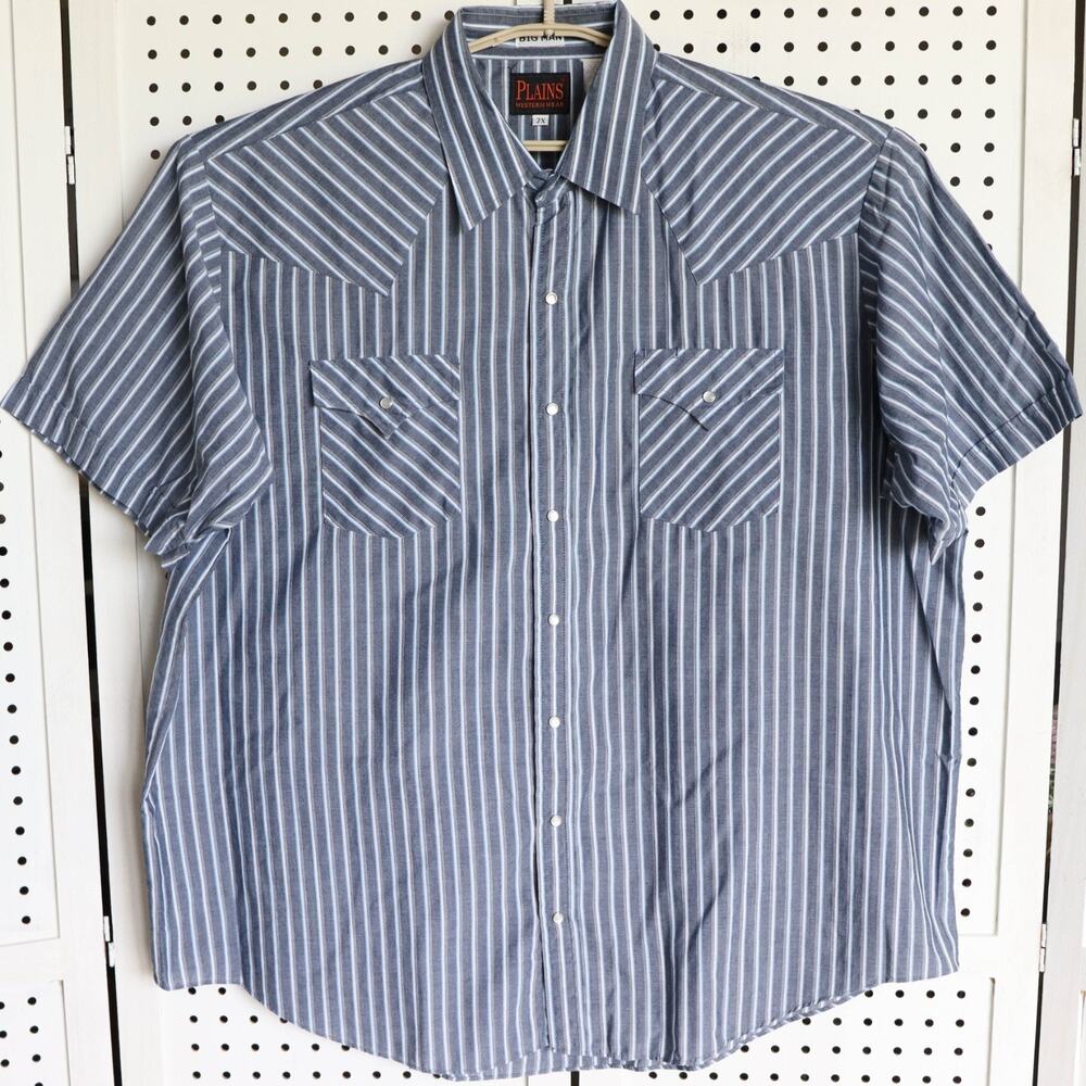 Plains Western Wear Mens SIZE 2X Blue‎ Plaid Big Man Pearl Snap Shirt